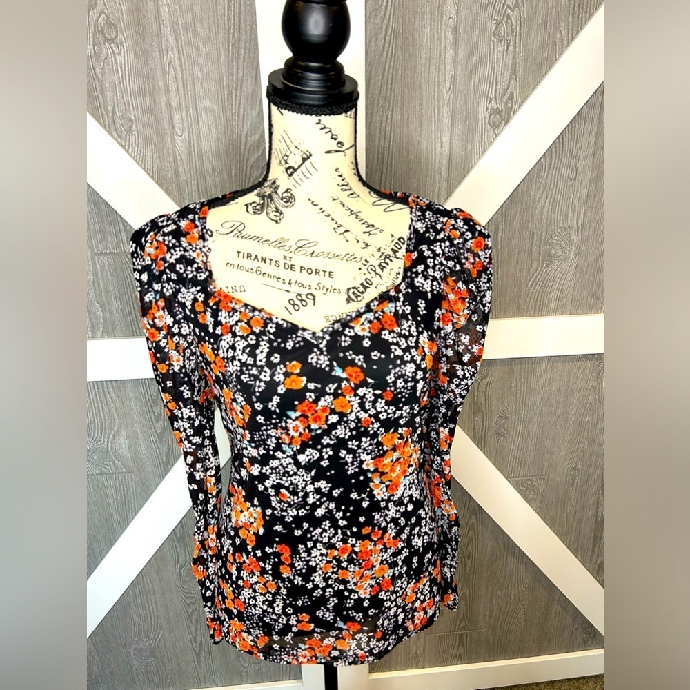 Floral Sweetheart Neck Blouse - Black with Orange & White Floral